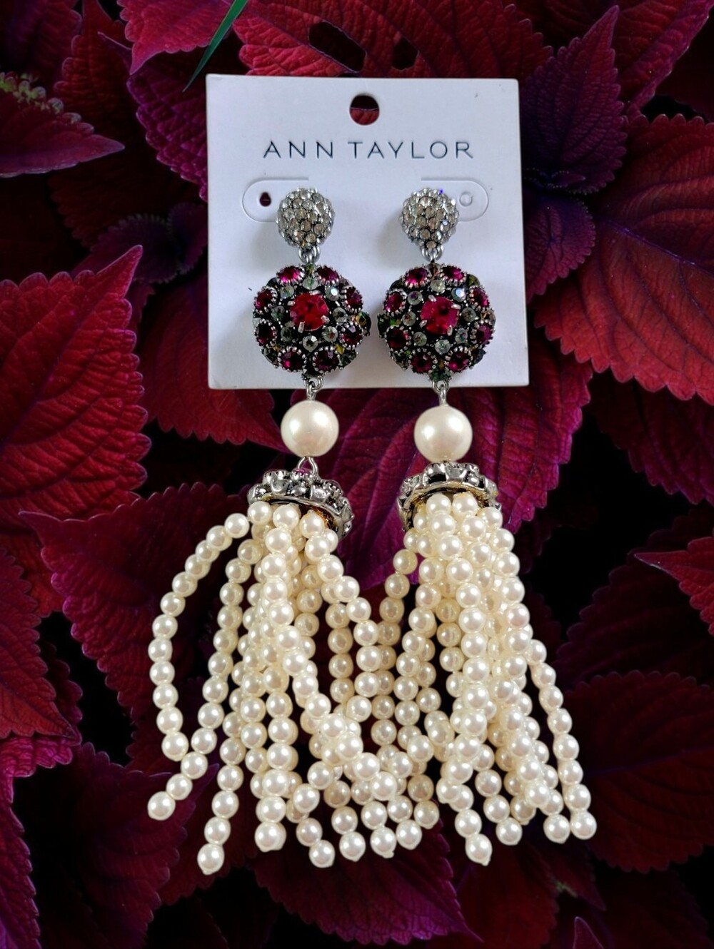 Ann Taylor | NWT Burgundy Crystal Ivory Faux Pearl Tassel Dangle Earrings